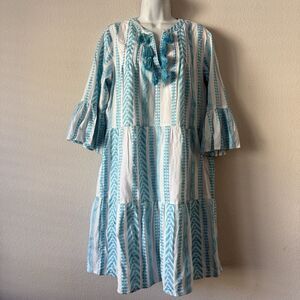 Tru Luxe Dress Womens L Turquoise White Geometric Tassel Tie Tiered Boho Indie